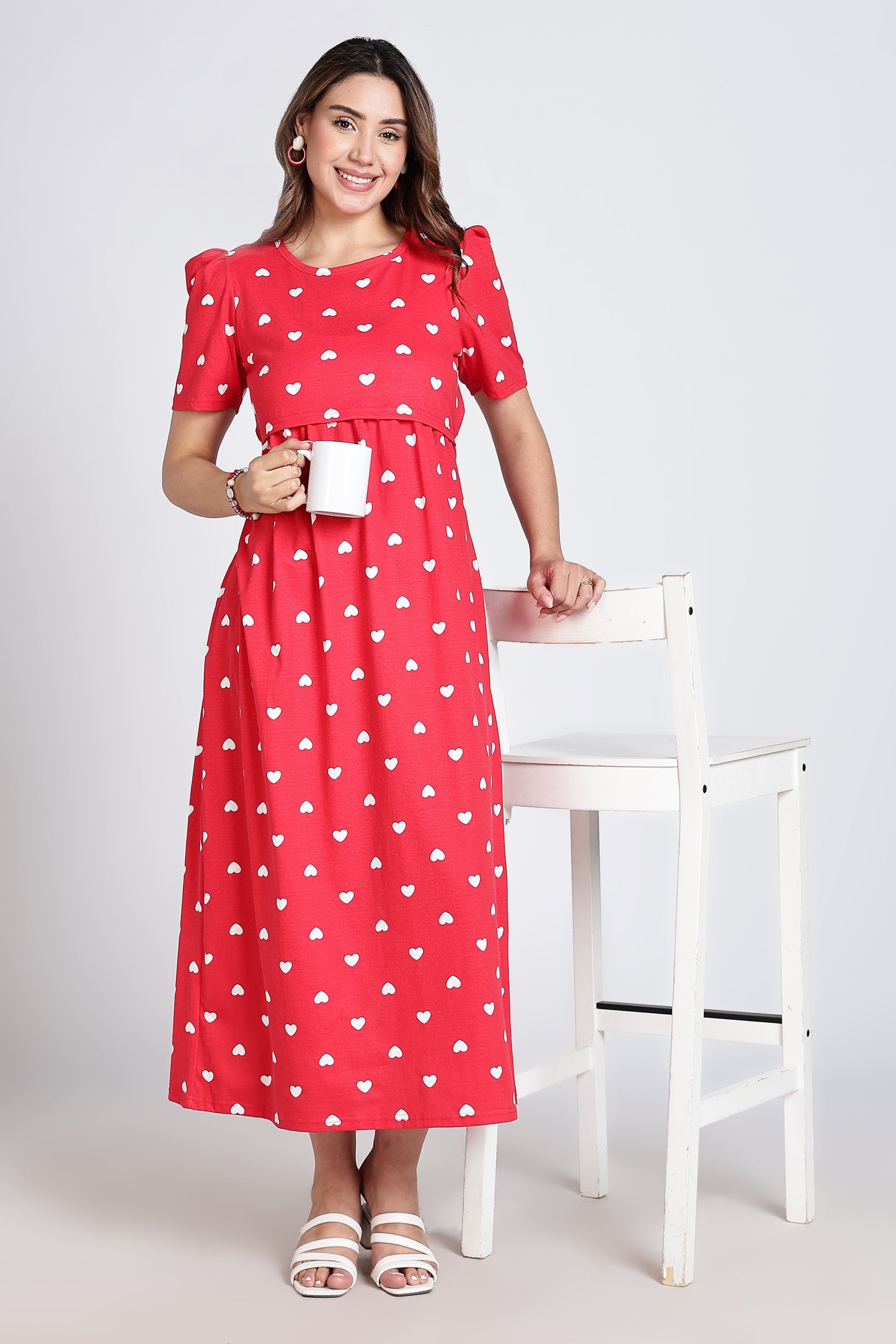 Zipless Feeding Maternity Gown- Puff sleeve 52 inches