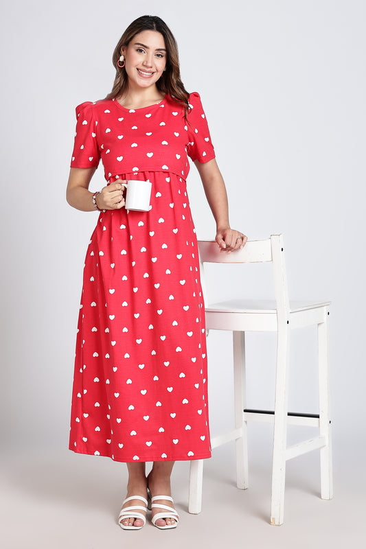 Zipless Feeding Maternity Gown- Puff sleeve 52 inches