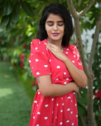 Zipless Feeding Maternity Gown Red heart - Puff sleeve 52 inches
