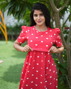 Zipless Feeding Maternity Gown Red heart - Puff sleeve 52 inches