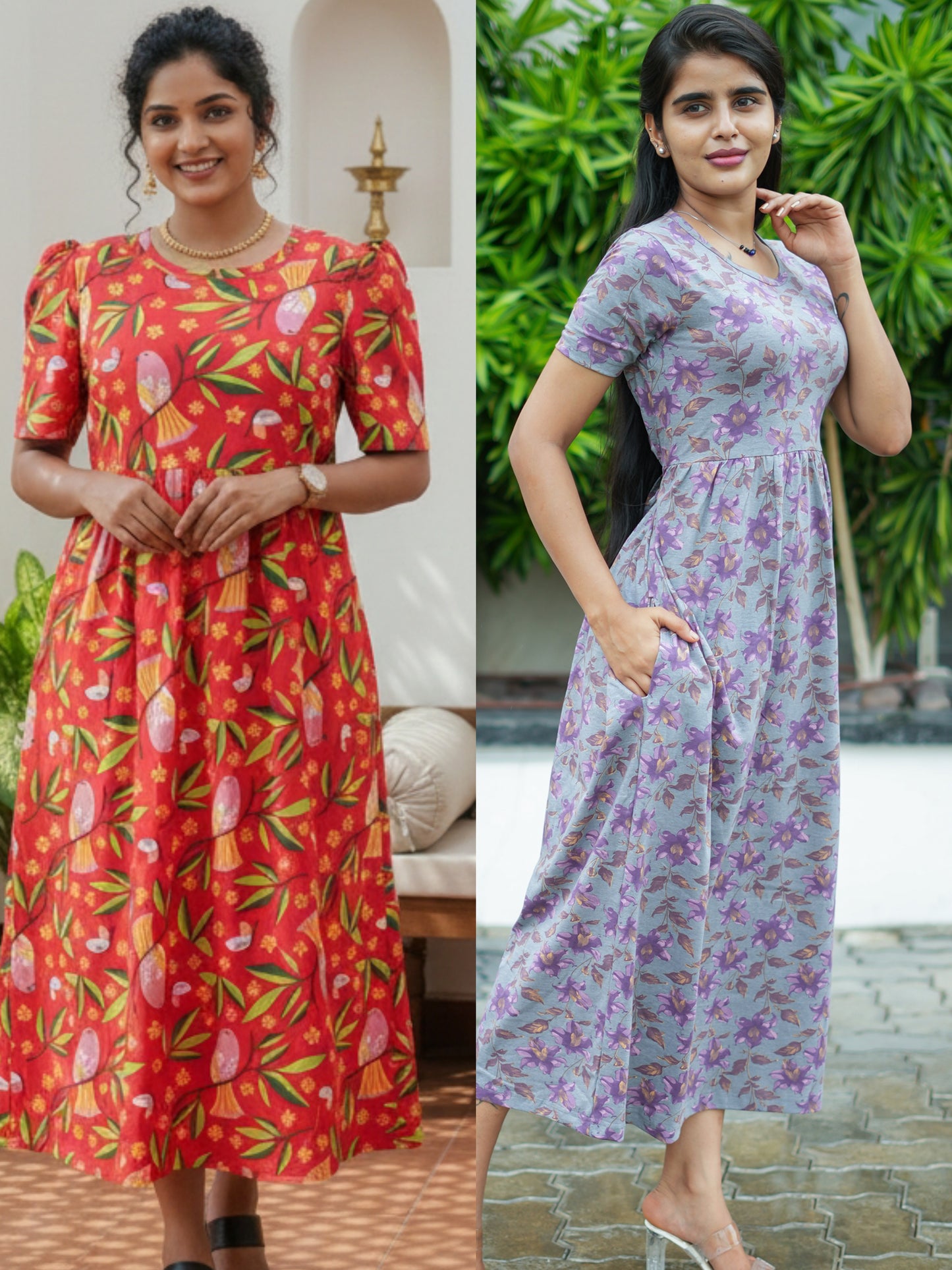 Women’s Printed Red Leaf Floral & Melange Purple  Floral Maxi Dress Combo