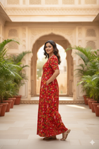 Zipless Feeding Maternity Gown Red Leaf- Puff sleeve 52 inches
