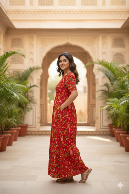 Zipless Feeding Maternity Gown Red Leaf- Puff sleeve 52 inches