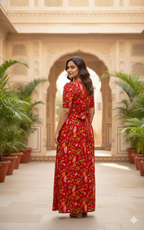 Zipless Feeding Maternity Gown Red Leaf- Puff sleeve 52 inches