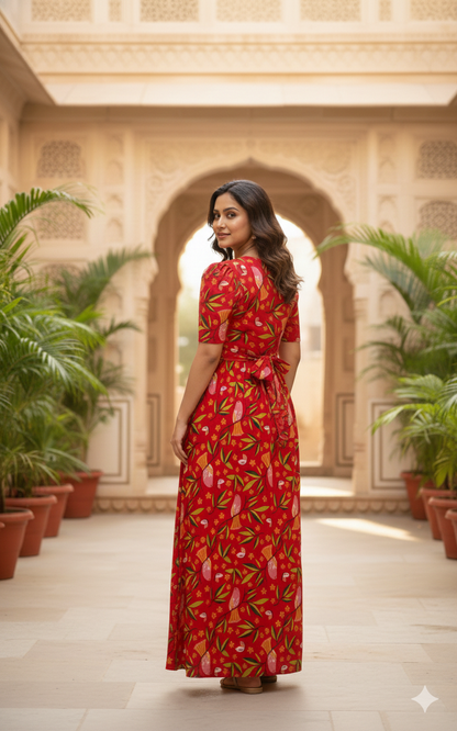 Zipless Feeding Maternity Gown Red Leaf- Puff sleeve 52 inches