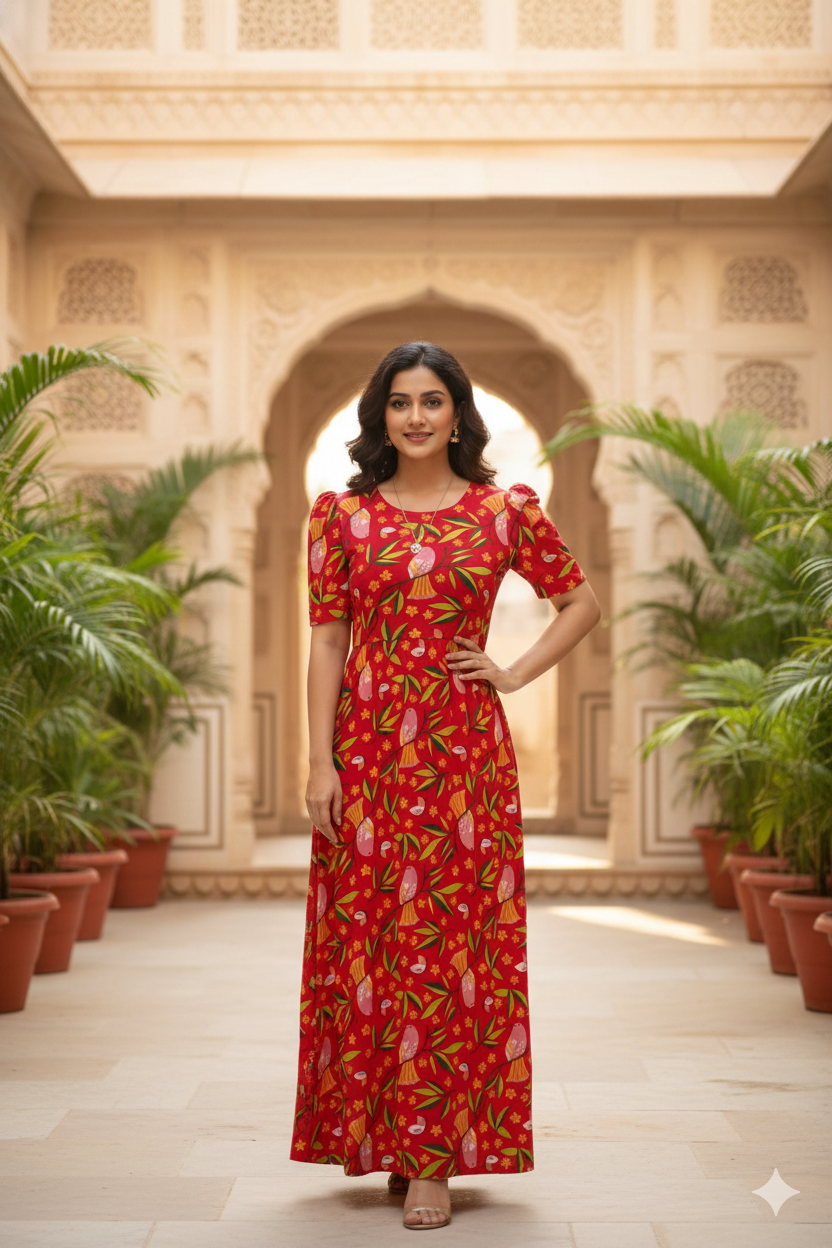 Zipless Feeding Maternity Gown Red Leaf- Puff sleeve 52 inches