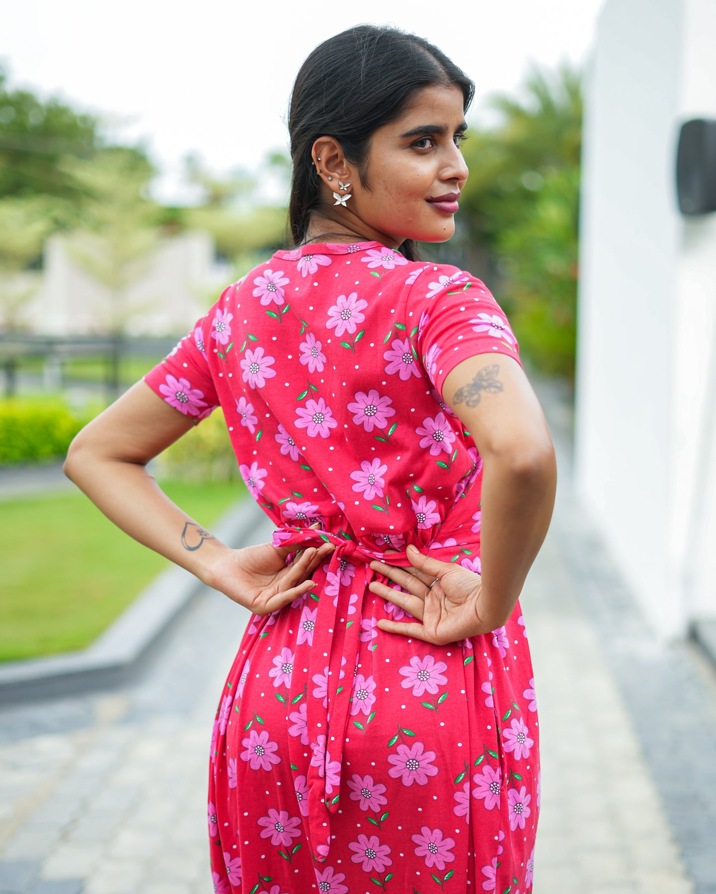 Feeding Wear with Puff Sleeve Red pink 47 inches
