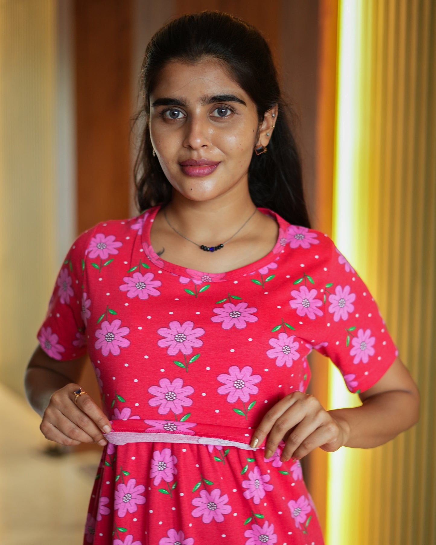 Feeding Wear with Puff Sleeve Red pink 47 inches