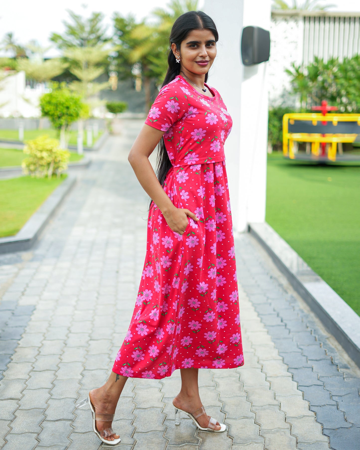 Feeding Wear with Puff Sleeve Red pink 47 inches