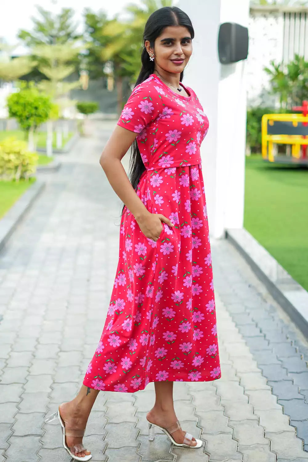 Zipless Feeding Maternity Wear without Puff Sleeve Red Pink