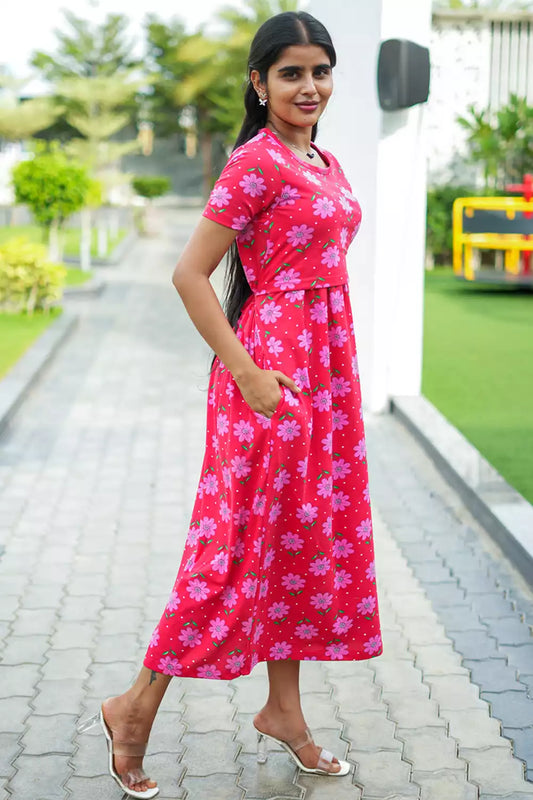 Zipless Feeding Maternity Wear without Puff Sleeve Red Pink