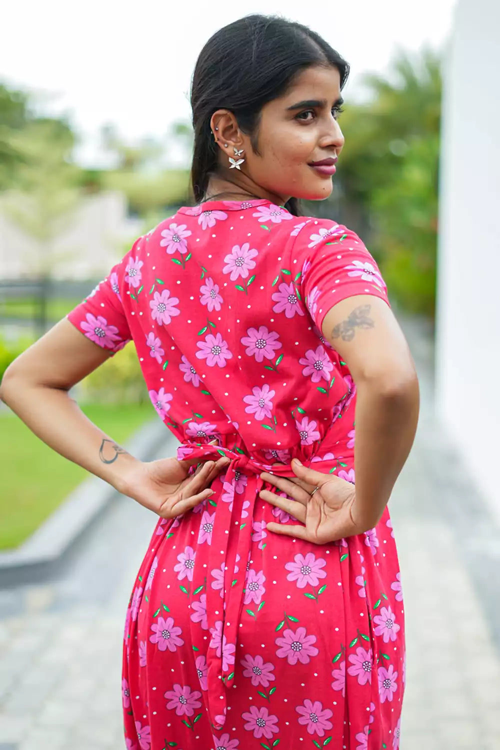 Zipless Feeding Maternity Wear without Puff Sleeve Red Pink
