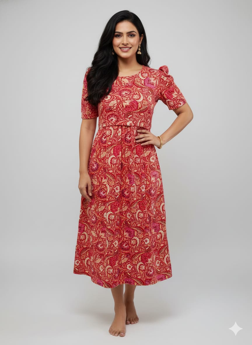 Capri Feeding Wear with Puff Sleeve Red Sandal Floral