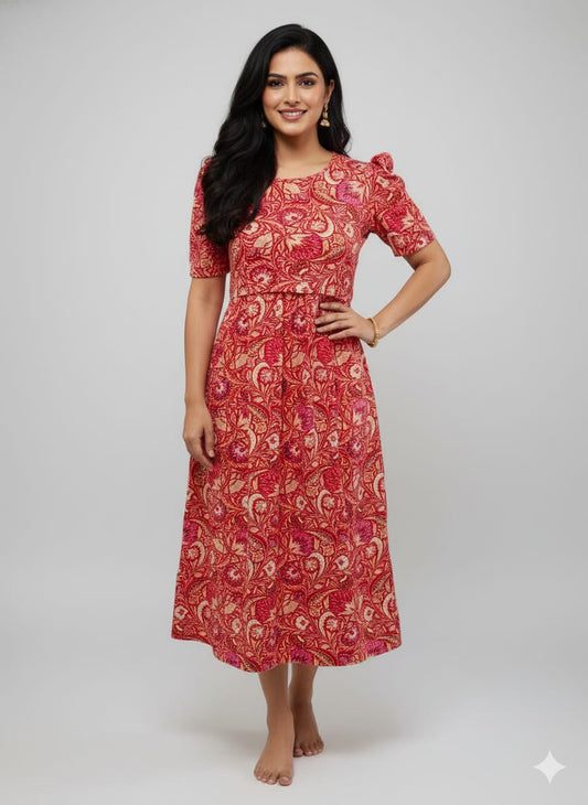 Capri Feeding Wear with Puff Sleeve Red Sandal Floral