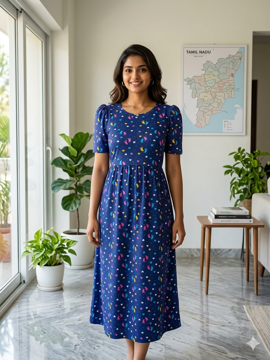 Capri Feeding Wear with Puff Sleeve Navy Foot Prints