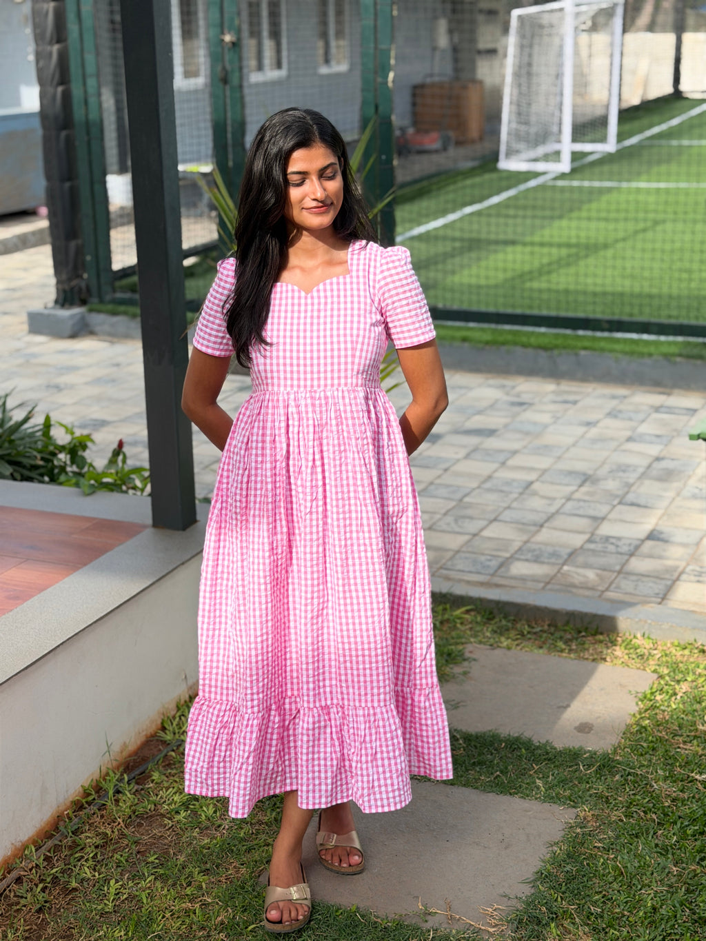 Pink Gingham Maxi Dress for Women| Checked cotton Maxi dress | H - 006