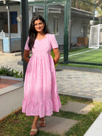 Pink Gingham Maxi Dress for Women| Checked cotton Maxi dress | H - 006