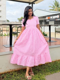 Pink Gingham Maxi Dress for Women| Checked cotton Maxi dress | H - 006
