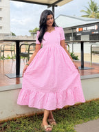 Pink Gingham Maxi Dress for Women| Checked cotton Maxi dress | H - 006