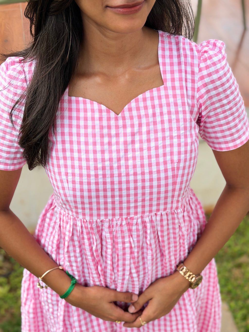 Pink Gingham Maxi Dress for Women| Checked cotton Maxi dress | H - 006