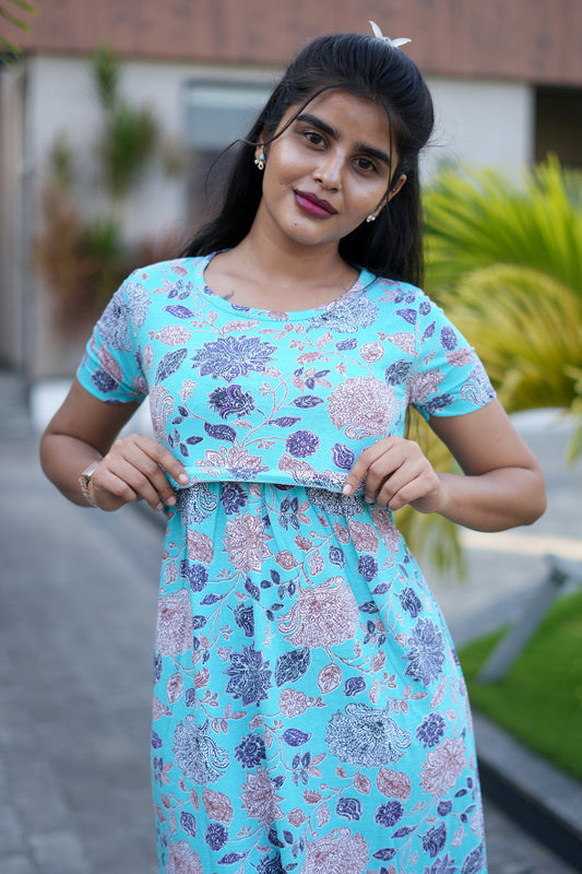 Zipless Feeding Maternity Wear without Puff Sleeve Sea Blue Floral