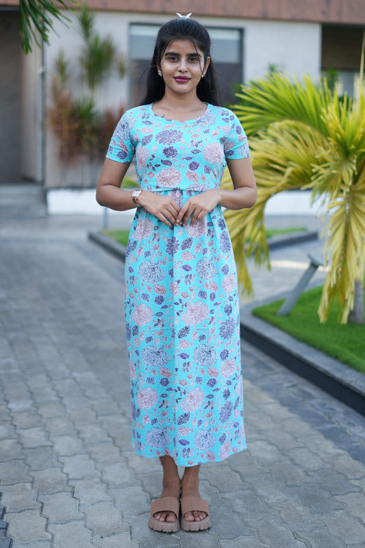 Zipless Feeding Maternity Wear without Puff Sleeve Sea Blue Floral