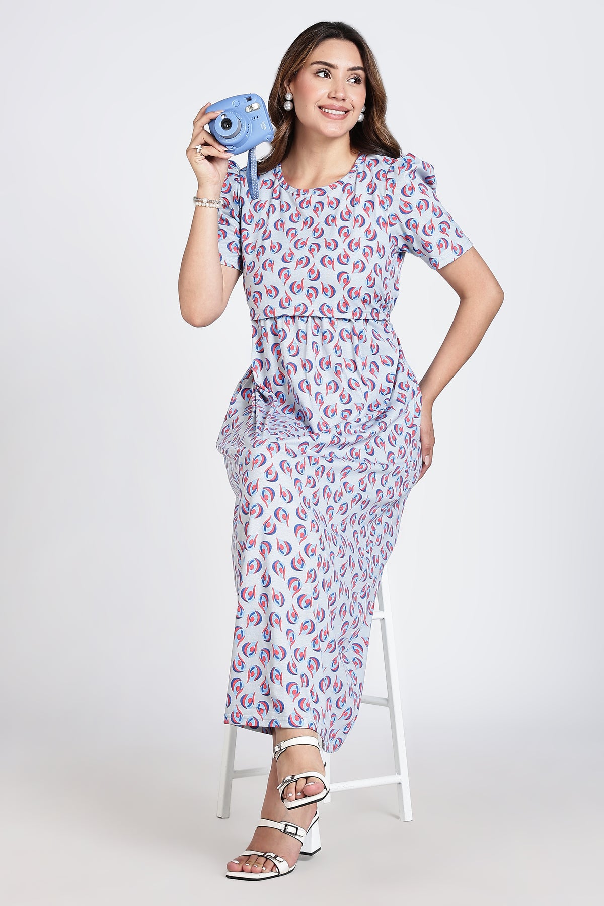 Zipless Feeding Maternity Gown Silver water drop - Puff sleeve 52 inches