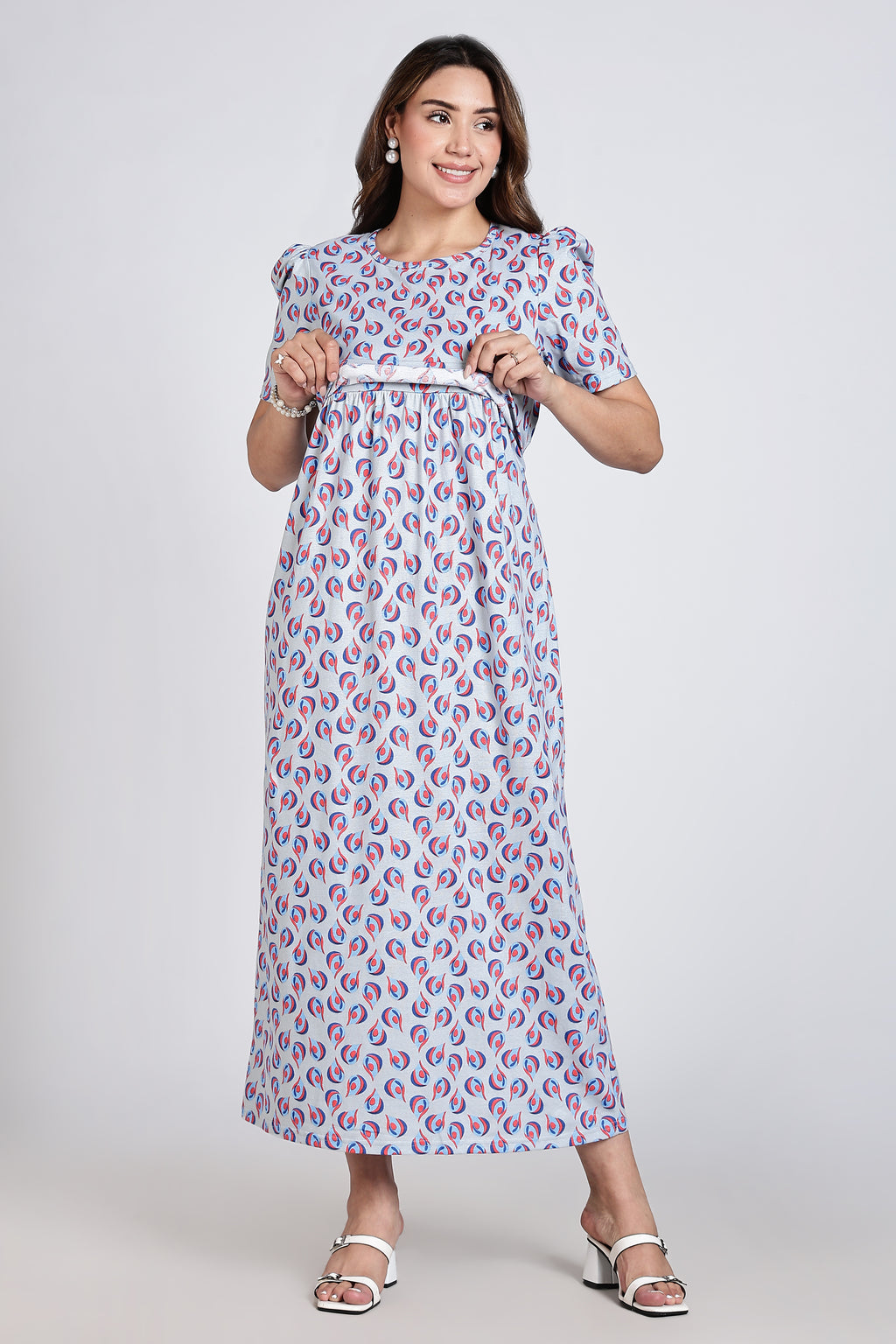 Zipless Feeding Maternity Gown Silver water drop - Puff sleeve 52 inches