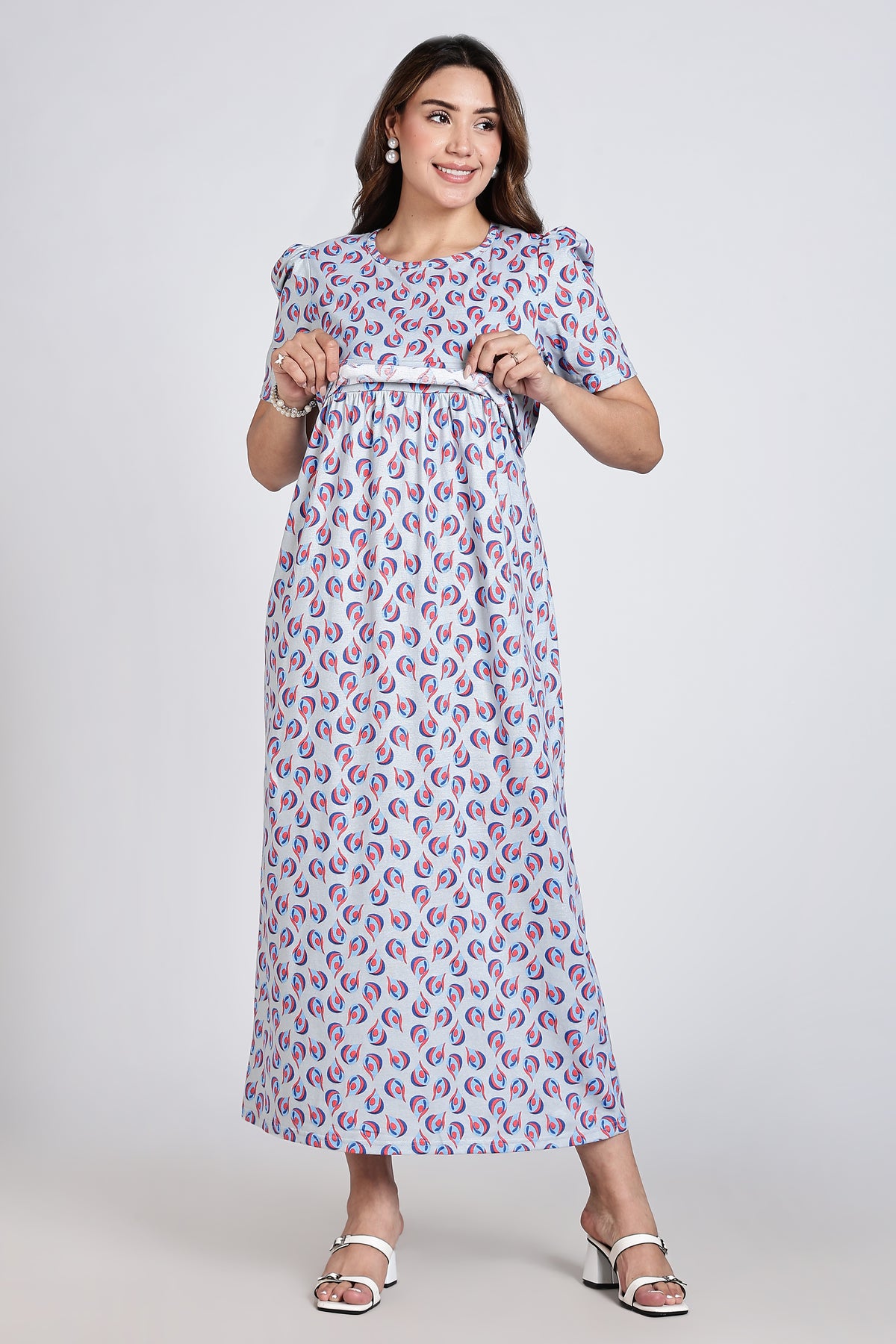 Zipless Feeding Maternity Gown Silver water drop - Puff sleeve 52 inches