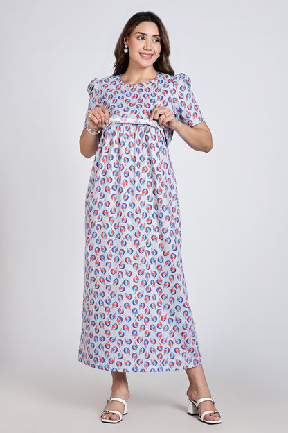 Zipless Feeding Maternity Gown- Puff sleeve 52 inches