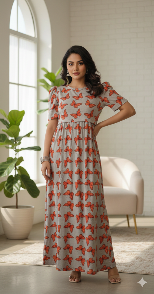 Zipless Feeding Maternity Gown Silver Butterfly - Puff sleeve 52 inches