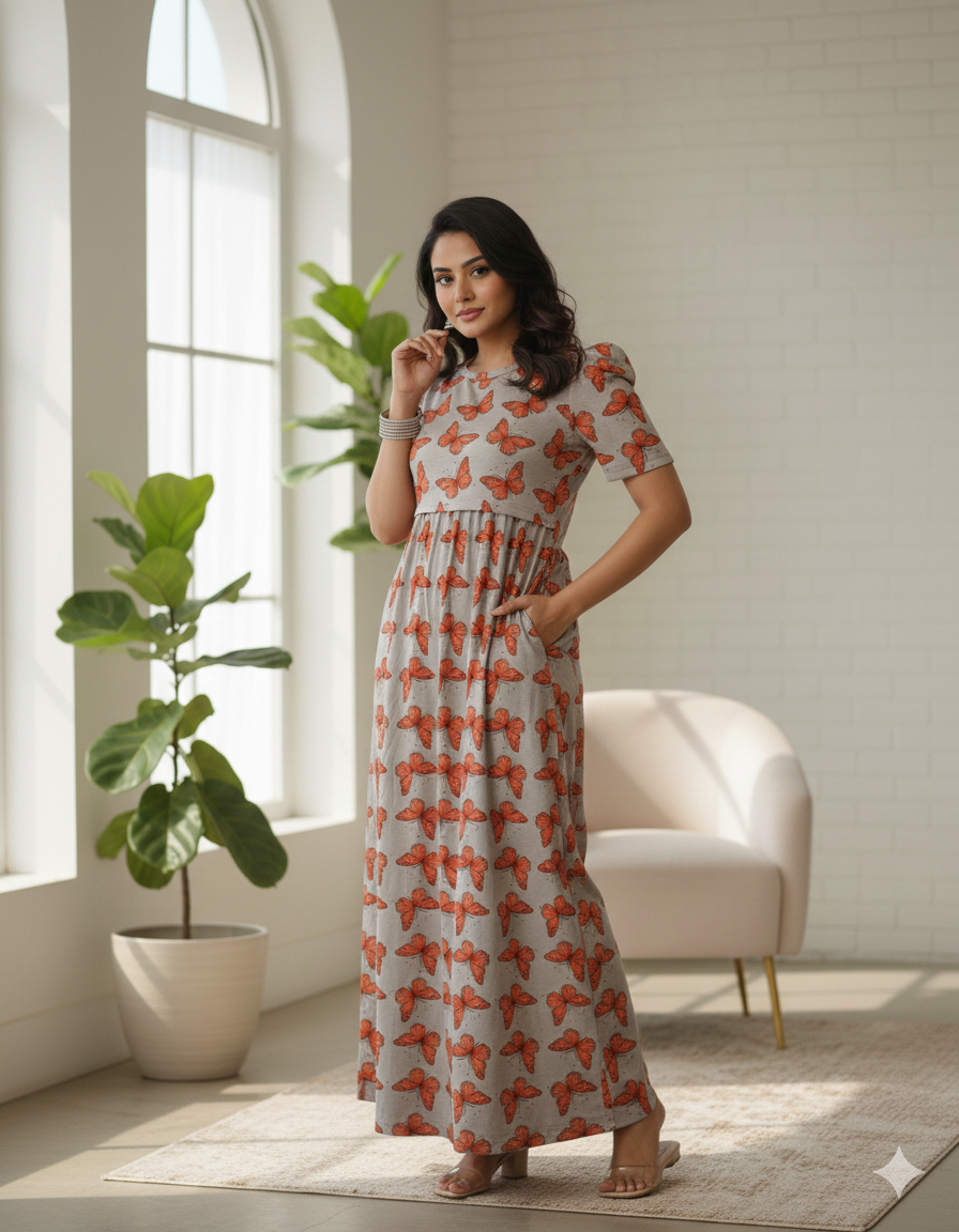 Zipless Feeding Maternity Gown Silver Butterfly - Puff sleeve 52 inches