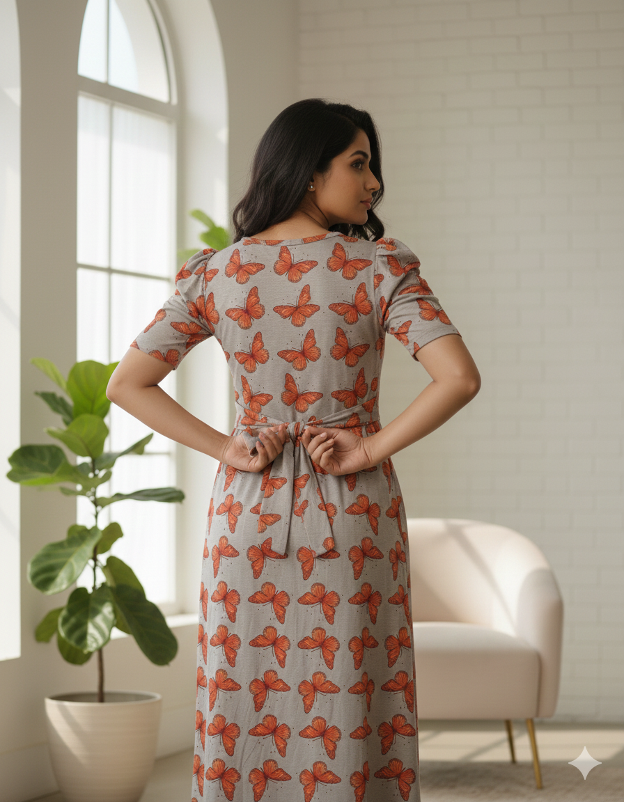 Zipless Feeding Maternity Gown Silver Butterfly - Puff sleeve 52 inches