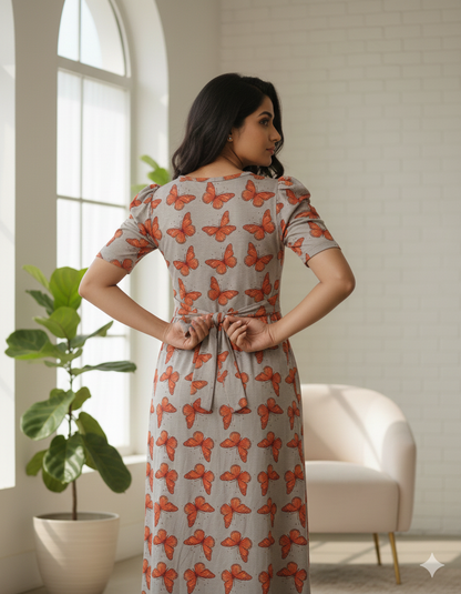 Zipless Feeding Maternity Gown Silver Butterfly - Puff sleeve 52 inches