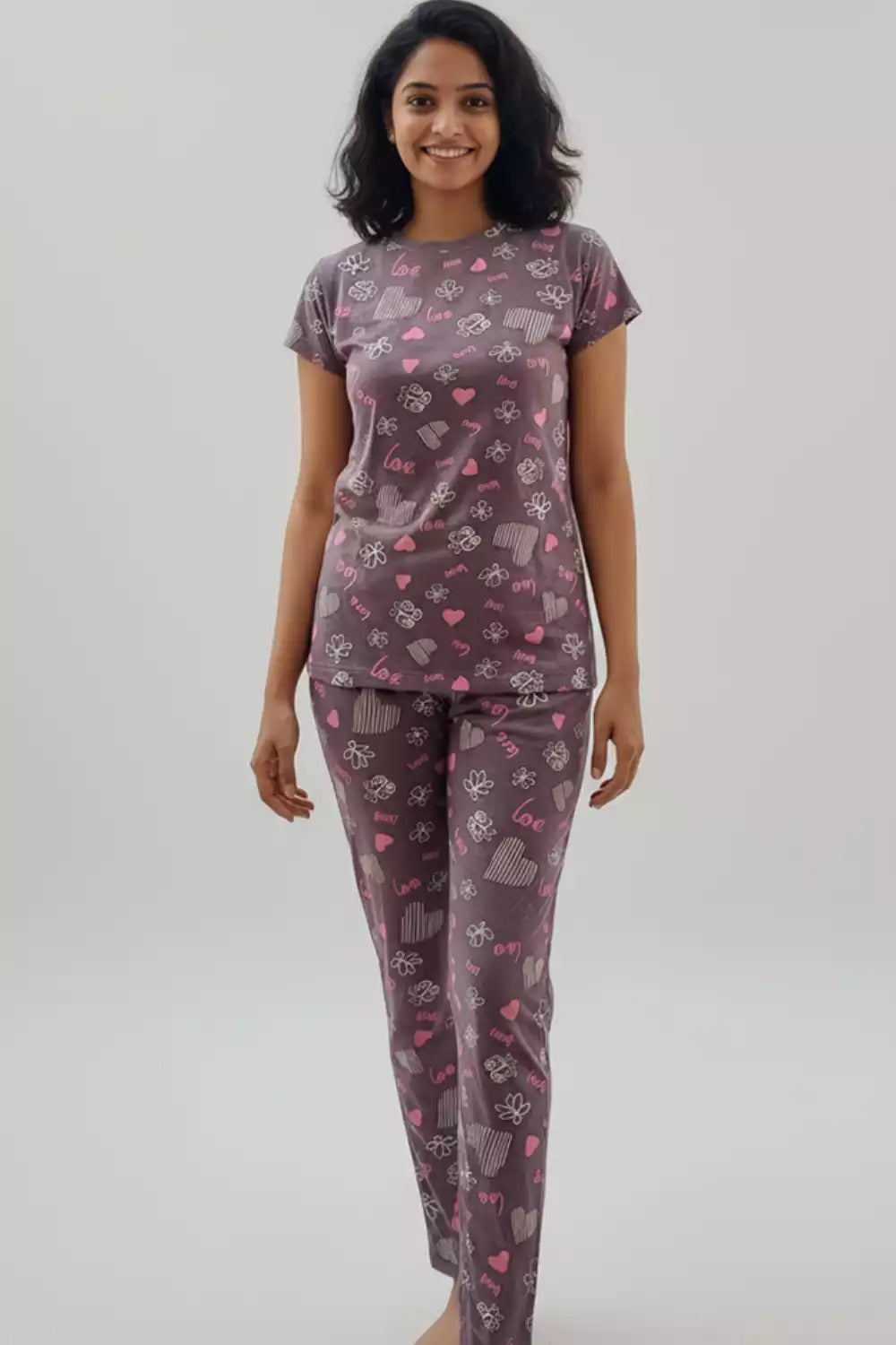 Pyjama Co-Ords Tan Pink Heart