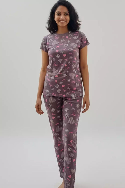 Pyjama Co-Ords Tan Pink Heart