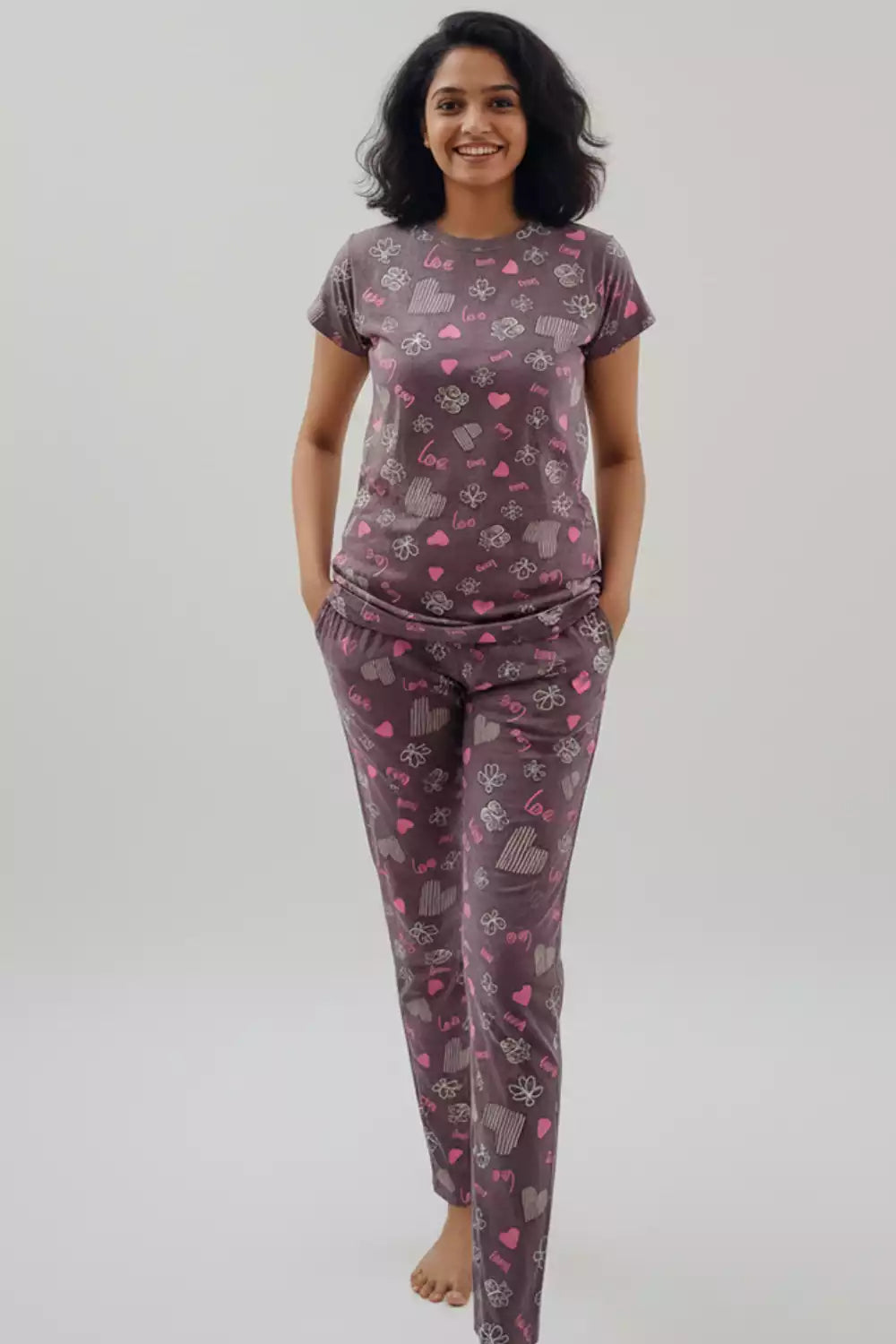 Pyjama Co-Ords Tan Pink Heart