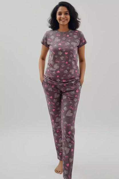 Pyjama Co-Ords Tan Pink Heart