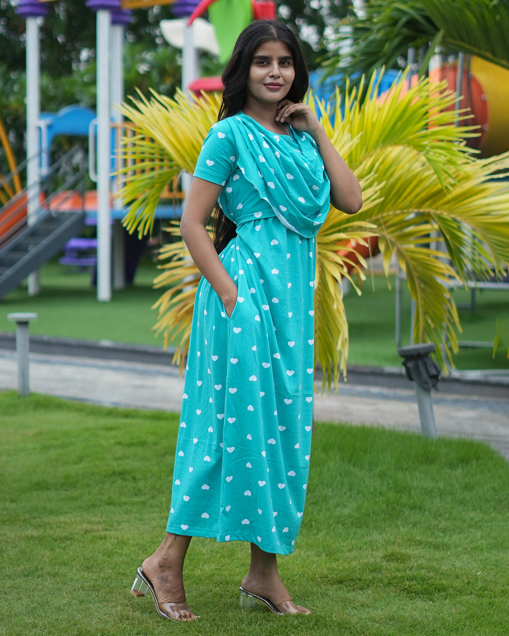 Zipless maternity wear feeding with shawl Green heart