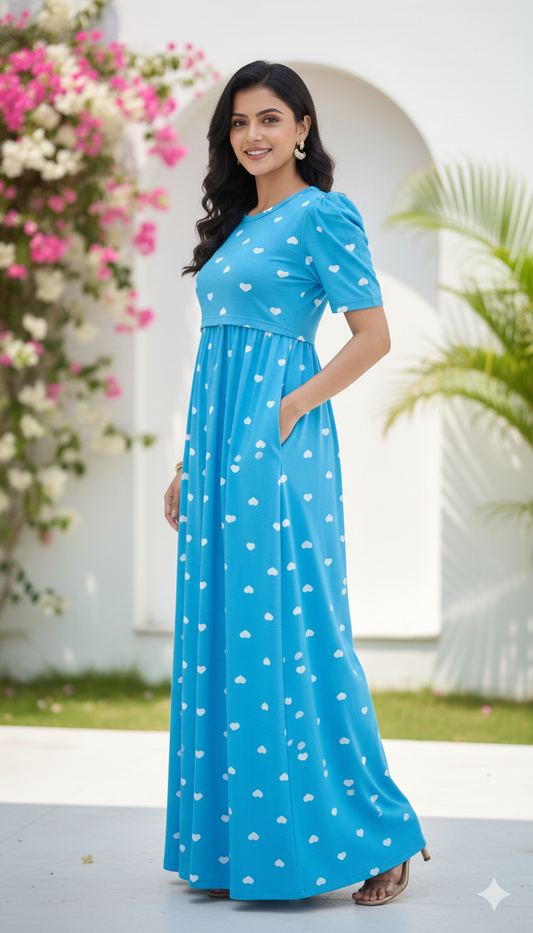 Zipless Feeding Maternity Gown Torquise Heart- Puff sleeve 52 inches
