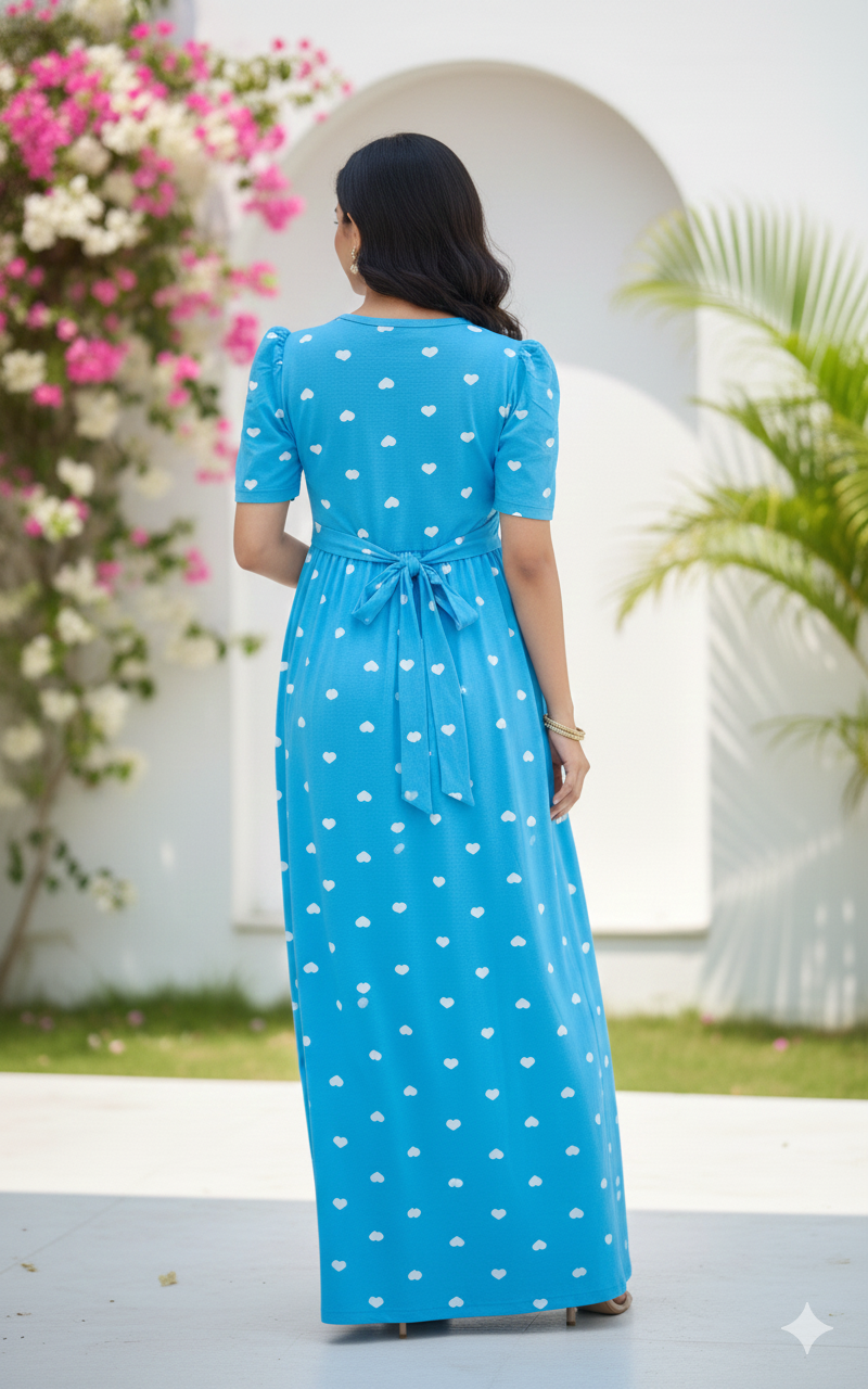 Zipless Feeding Maternity Gown Torquise Heart- Puff sleeve 52 inches