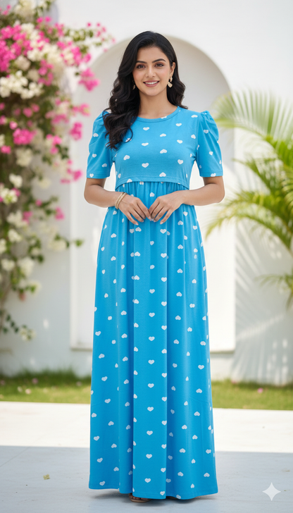 Zipless Feeding Maternity Gown Torquise Heart- Puff sleeve 52 inches