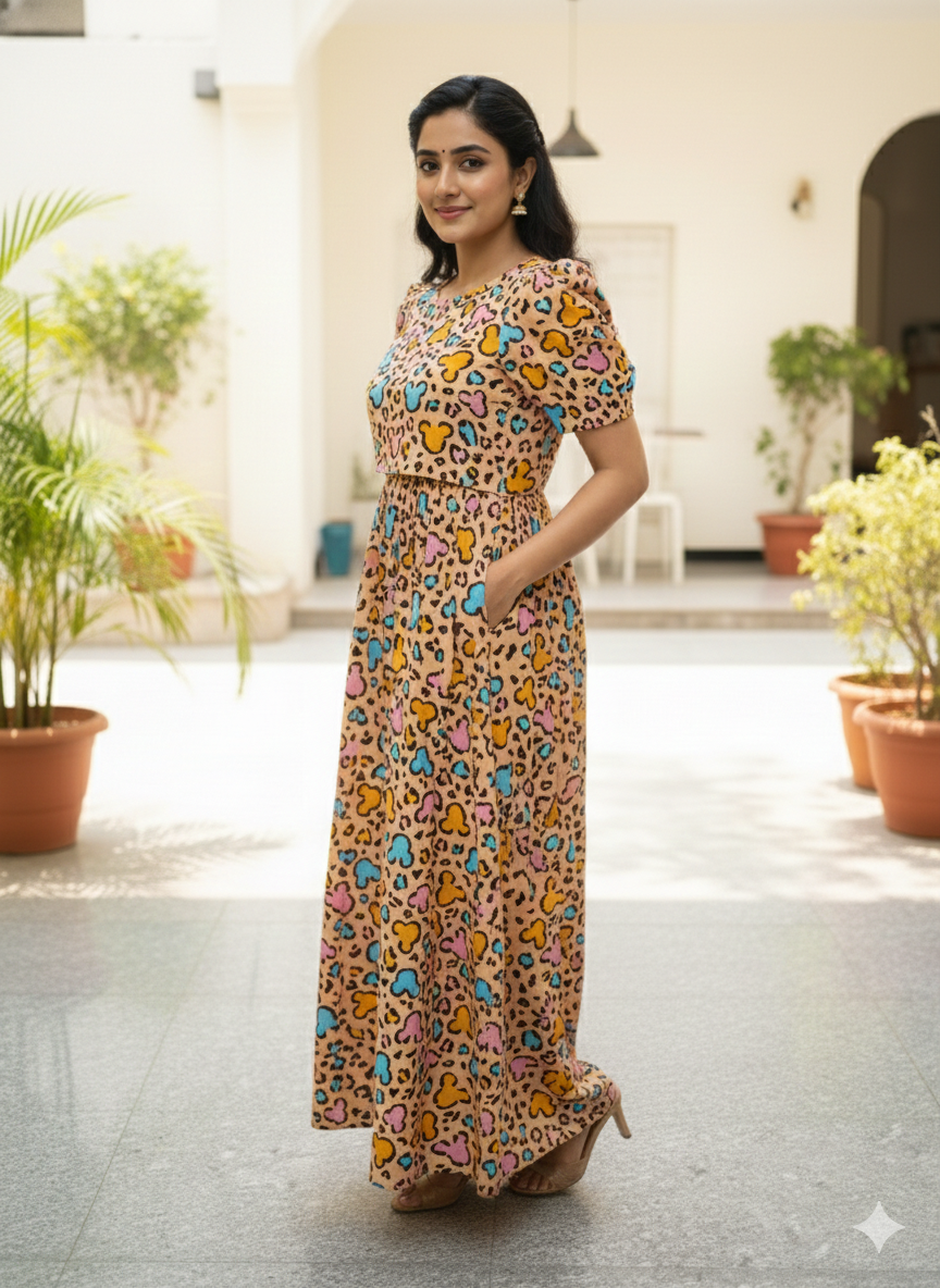 Zipless Feeding Maternity Gown T Sandal - Puff sleeve 52 inches