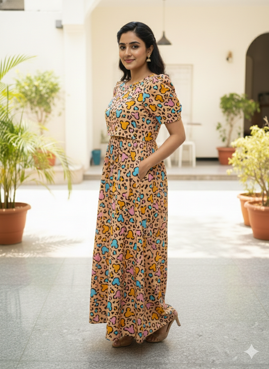 Zipless Feeding Maternity Gown T Sandal - Puff sleeve 52 inches