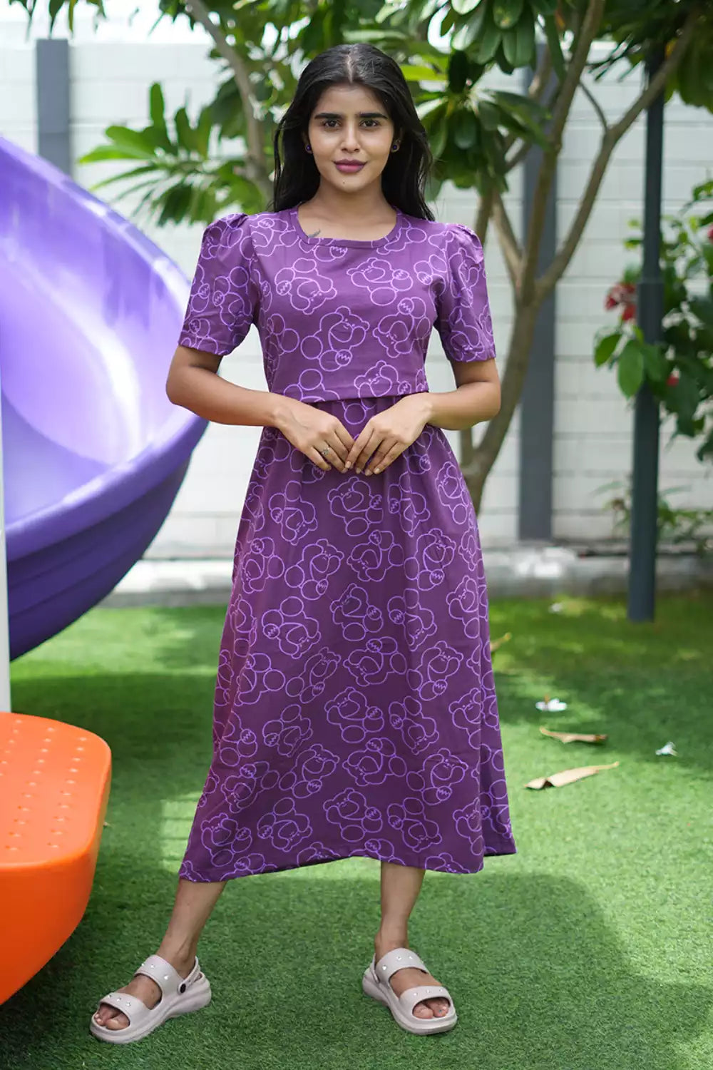 Zipless Feeding Maternity Wear with Puff Sleeve Violet Panda