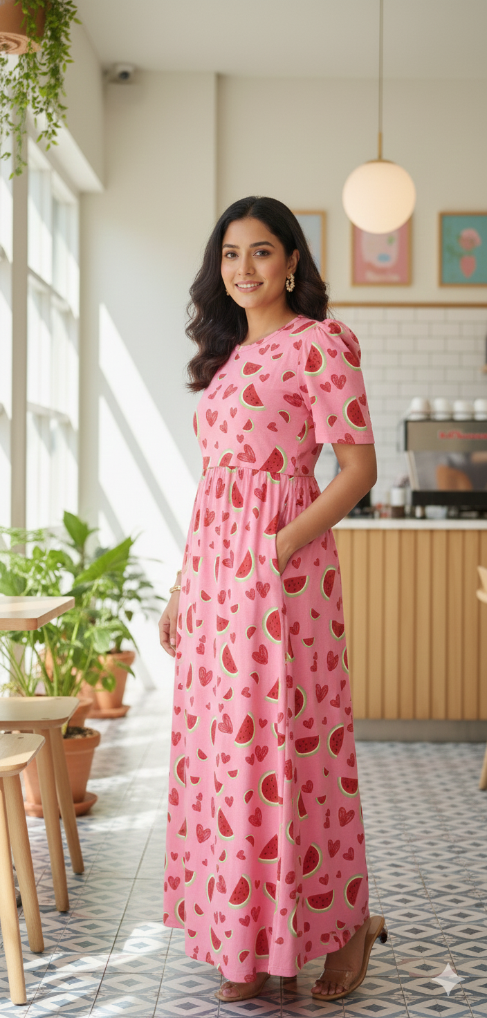 Zipless Feeding Maternity Gown Watermelon - Puff sleeve 52 inches