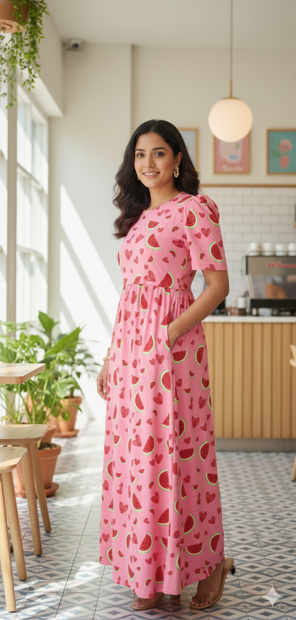 Zipless Feeding Maternity Gown Watermelon - Puff sleeve 52 inches