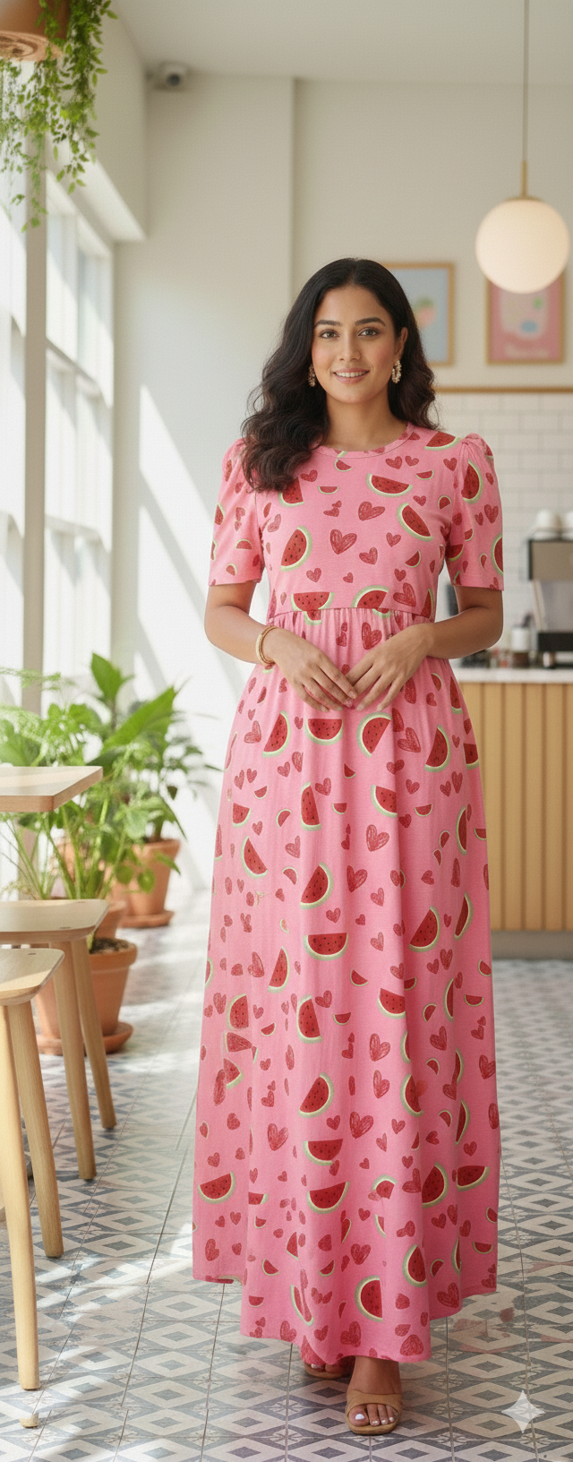 Zipless Feeding Maternity Gown Watermelon - Puff sleeve 52 inches