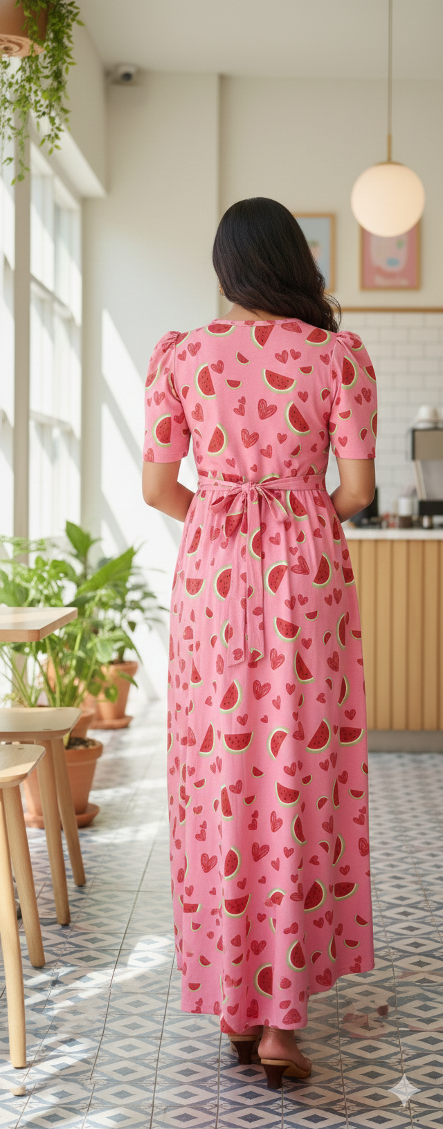 Zipless Feeding Maternity Gown Watermelon - Puff sleeve 52 inches