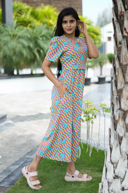 Zipless Feeding Maternity Wear with Puff Sleeve Wave Blue Heart